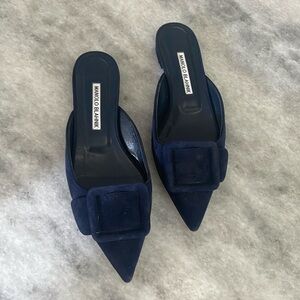 Manolo Blahnik Navy Suede Pointed Buckle Slip-On Flats